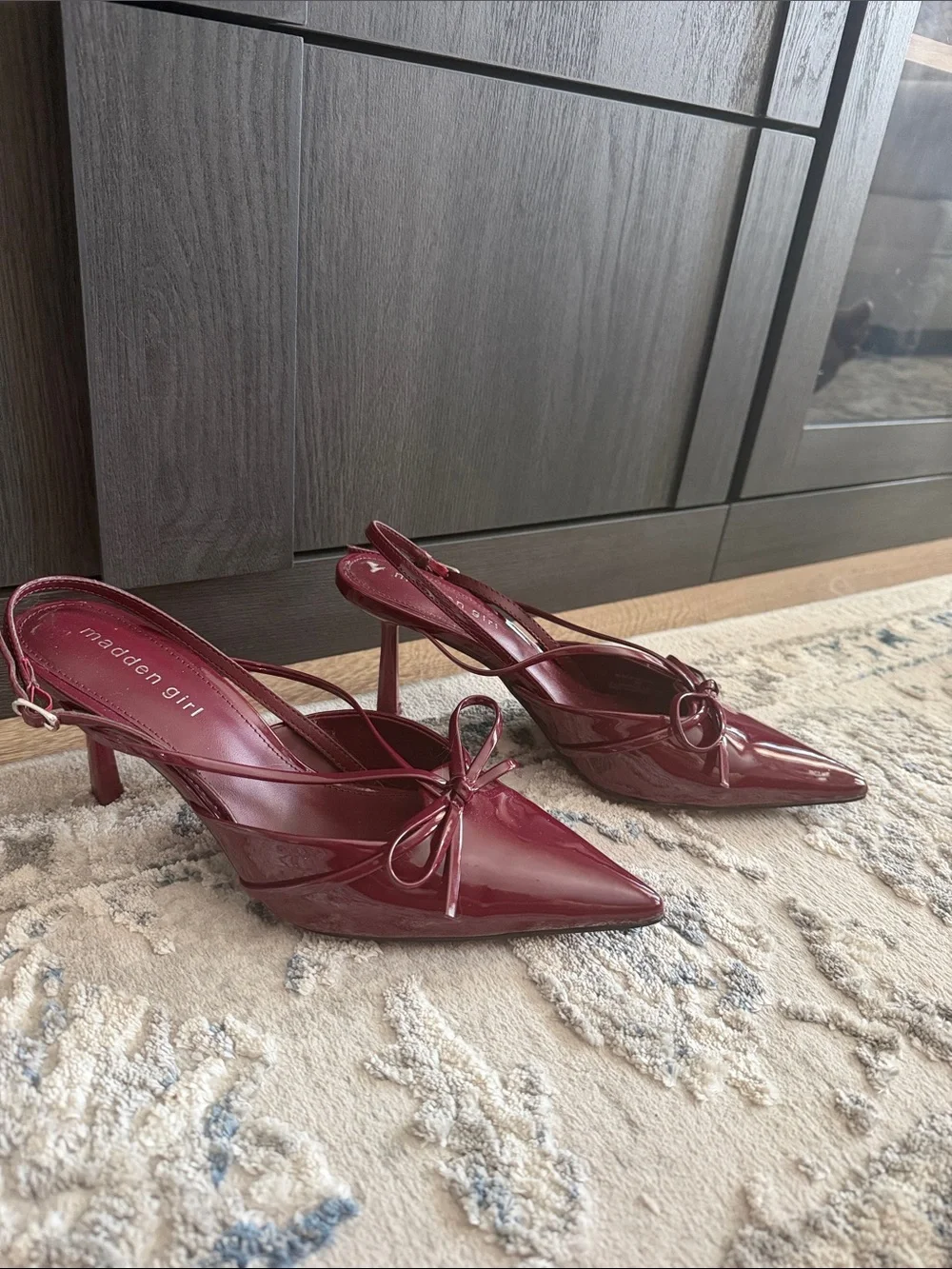 Madden Girl Burgundy Patent Pointed Slingback Heels with Bow